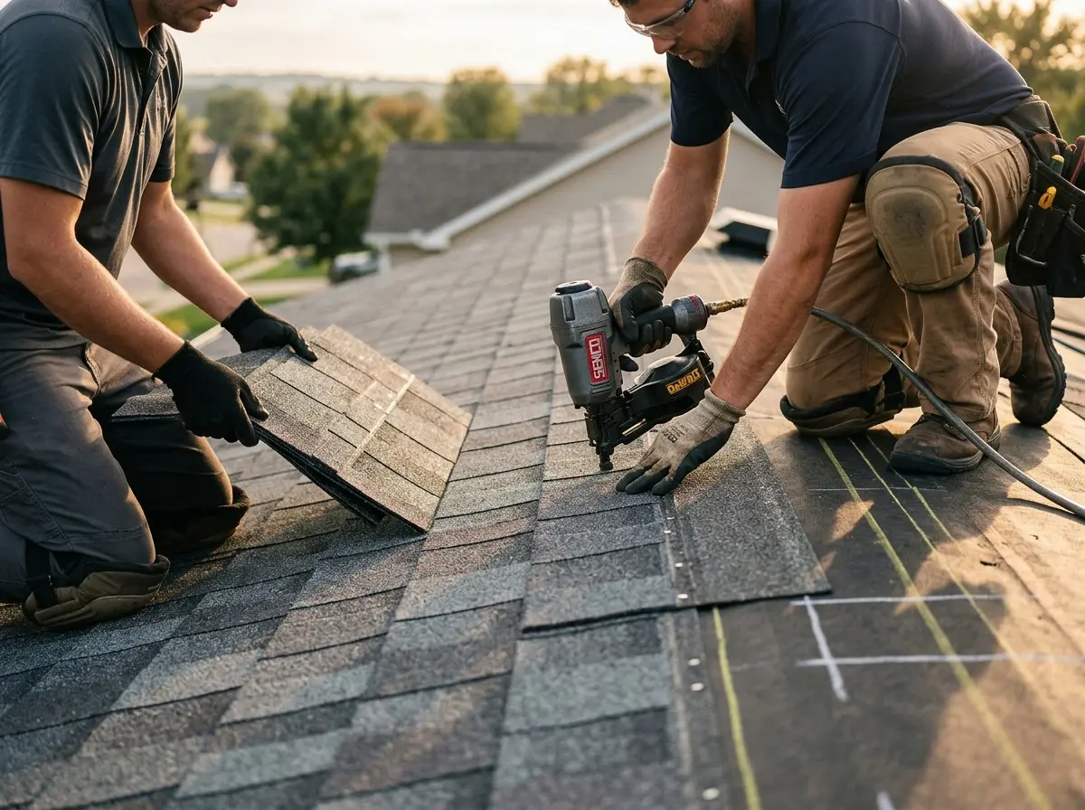 Professional roofer working on a residential roof in Elmsford